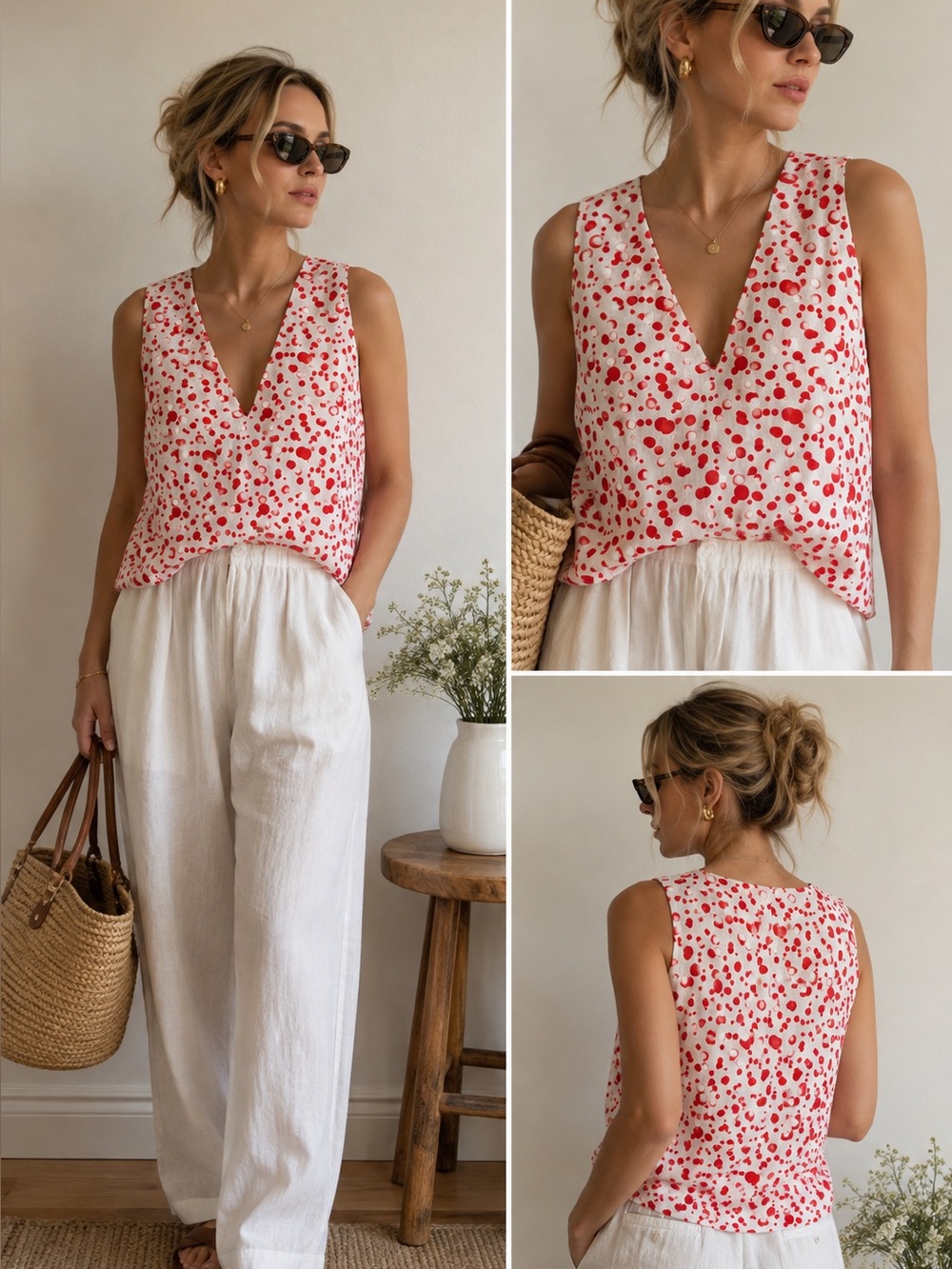 COS Red Polka Dot Sleeveless Blouse | Open Back Tie Top | Minimalist Summer Tank